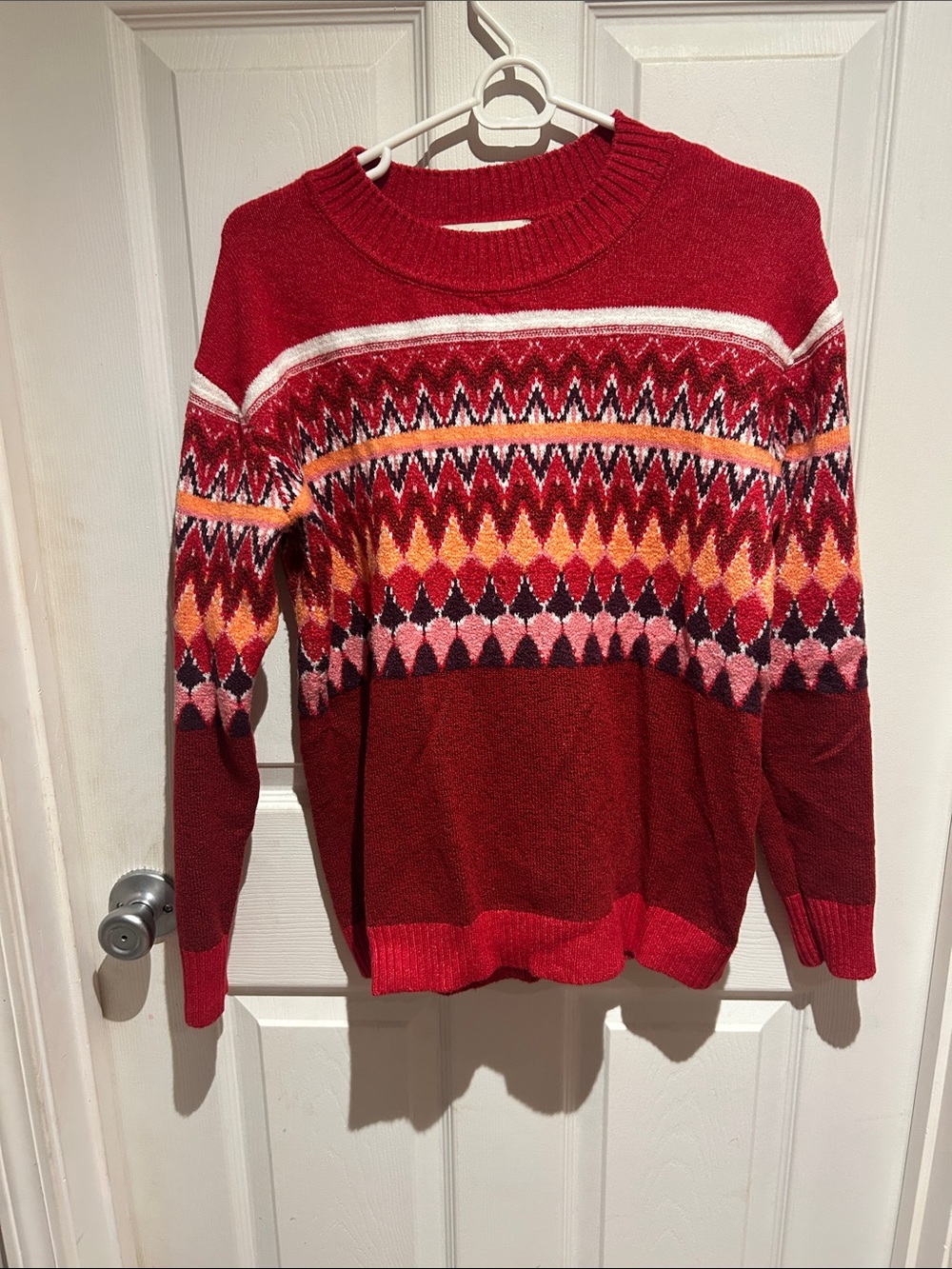 LOFT Red Fair Isle Crewneck Sweater with Multicolor Pattern